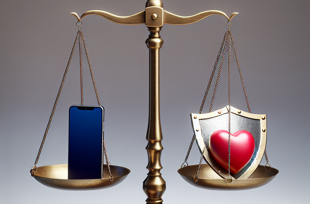 scale balancing a smartphone, shield and heart