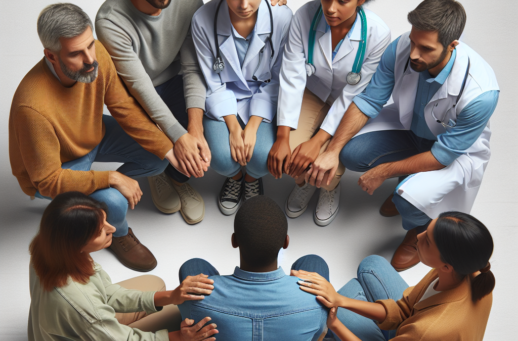 a multidisciplinary team in a circle supporting a male client