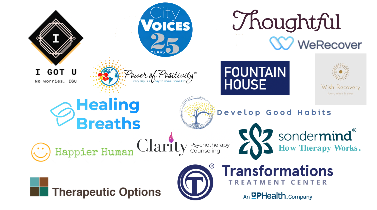 A display of some of the clients with whom Content Done Write has collaborated, including City Voices, Thoughtful, Fountain House, Transformations Treatment Center, Wish Recovery, Healing Breaths, SonderMind, Happier Human, Power of Positivity, Therapeutic Options, Develop Good Habits, etc.