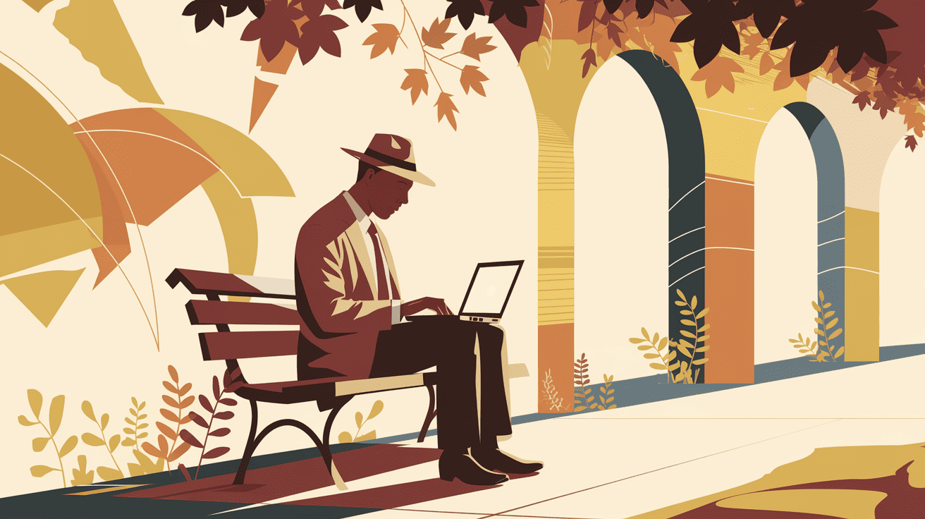 man sitting on a park bench at sunset working on a laptop