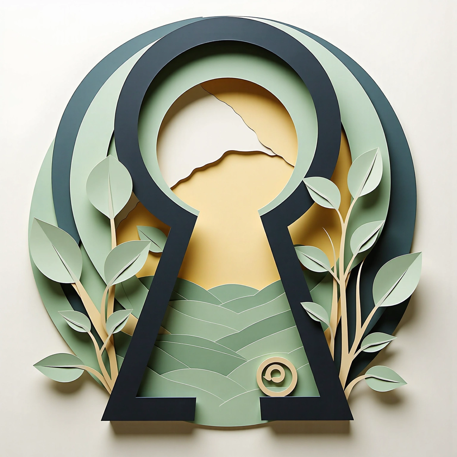 Paper-cut keyhole shape framing a landscape with hills, leaves, and sunlight in green and yellow tones.