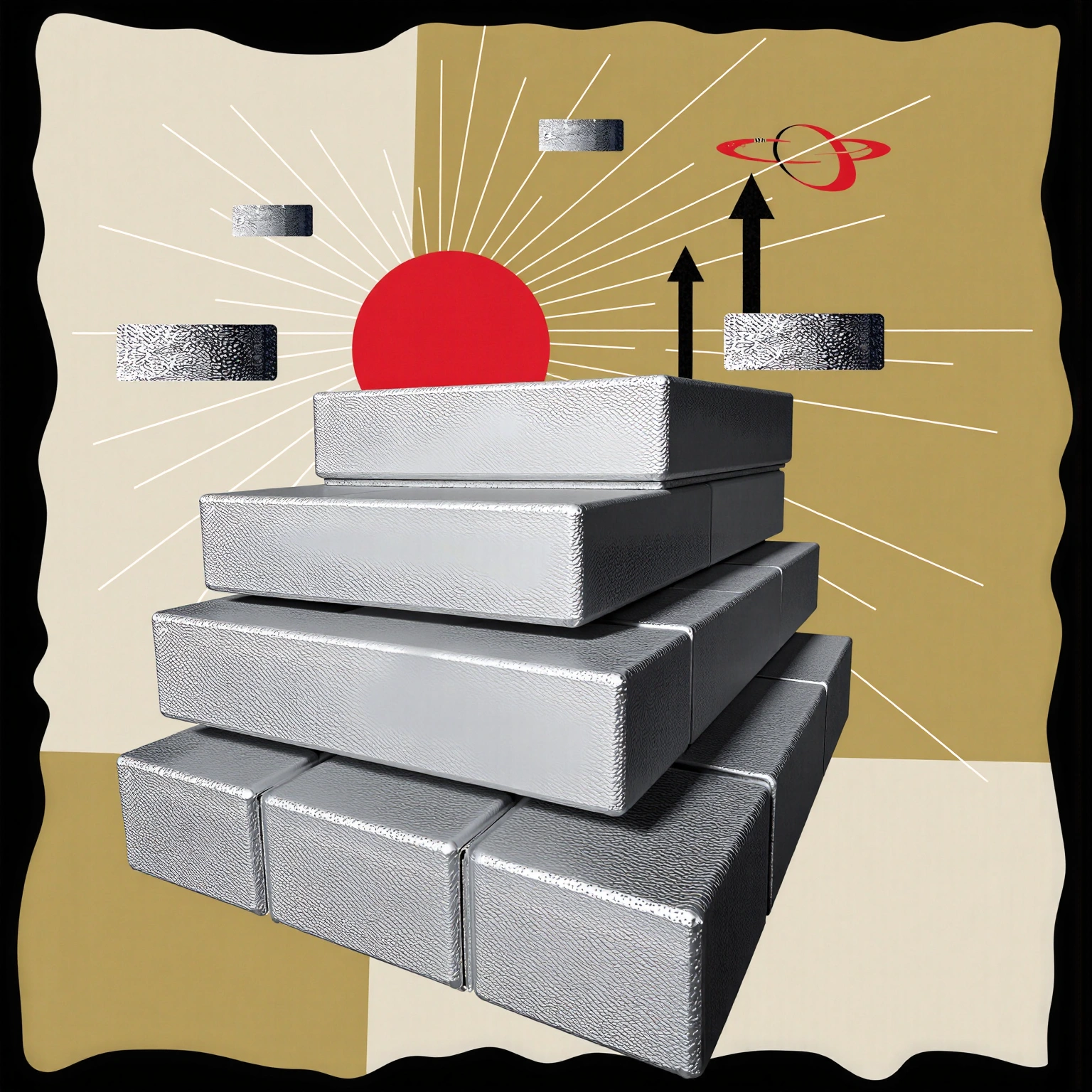 Stacked metallic blocks forming a pyramid with a red sun and upward arrows in an abstract background.
