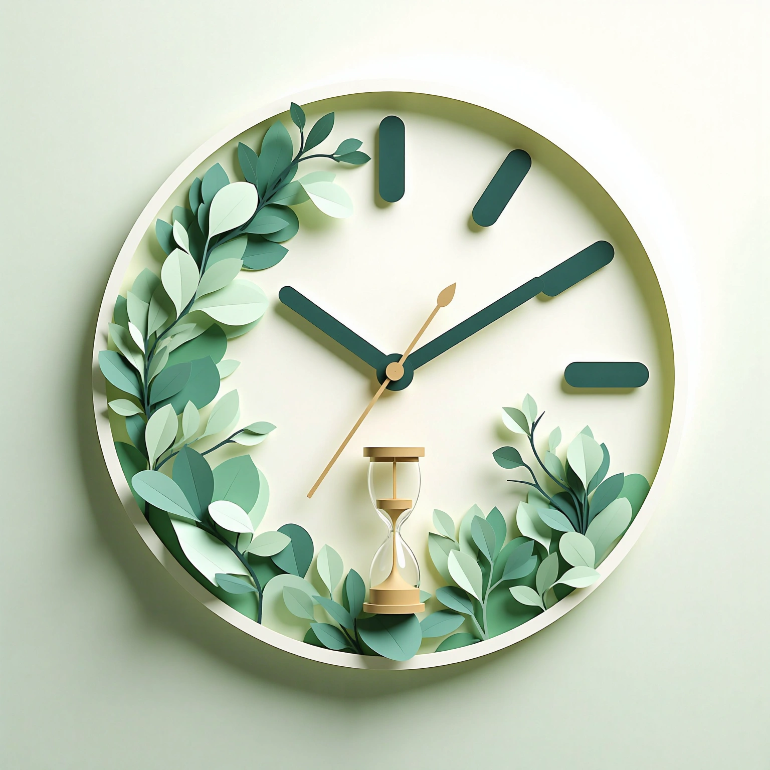Paper-cut clock decorated with green leaves and a small hourglass at the bottom.