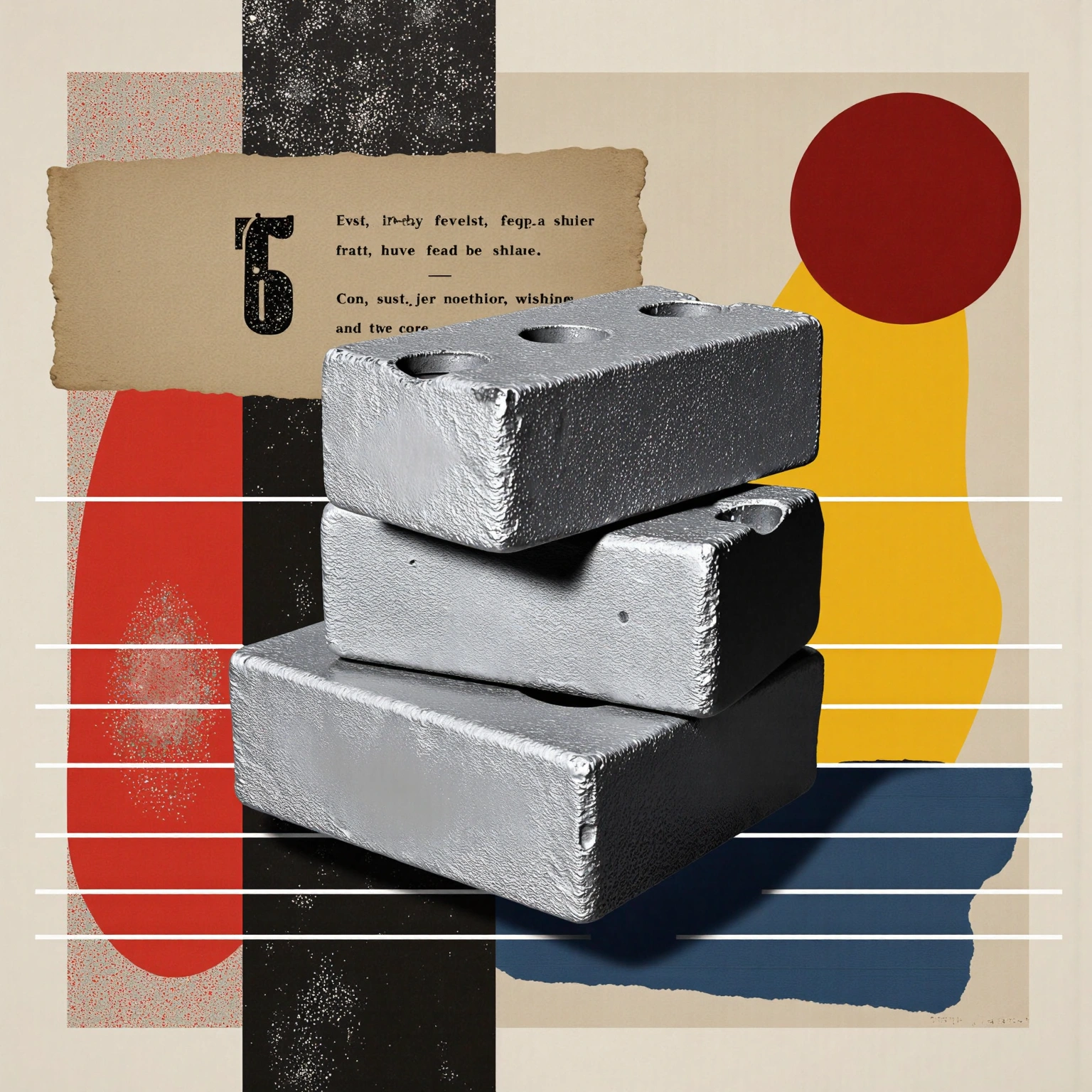 Stack of metallic bricks against an abstract background with bold shapes and torn paper textures.