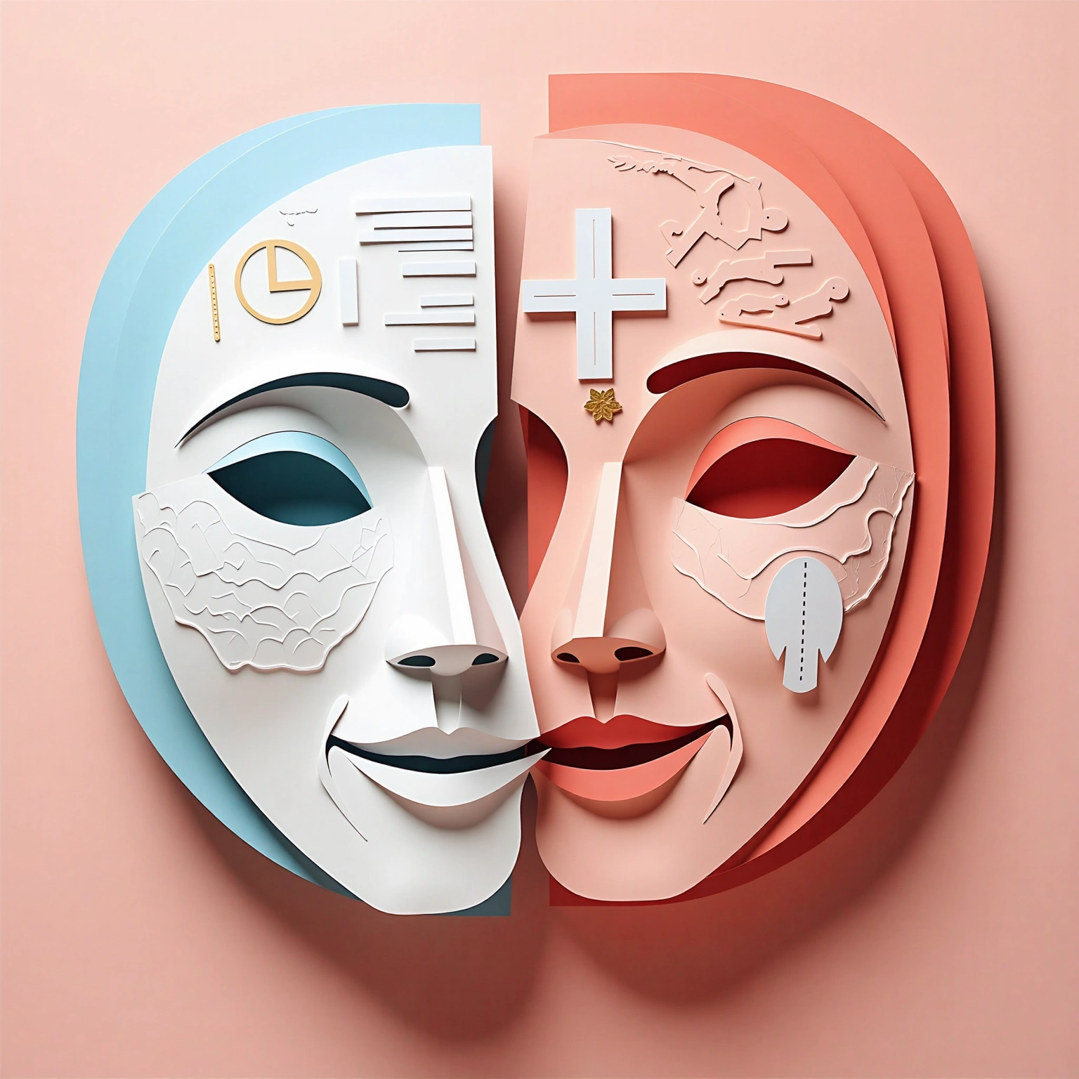 Paper-cut illustration of two interlocking masks, one blue and one pink, symbolizing duality and balance.