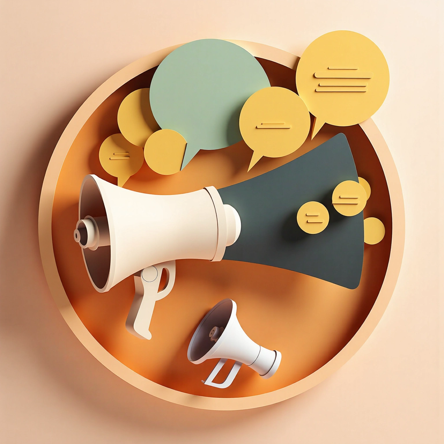 Paper-cut megaphones surrounded by colorful speech bubbles on an orange background.