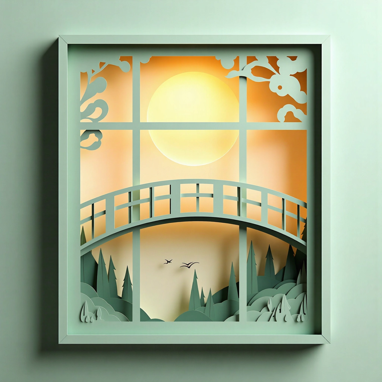 Paper-cut landscape viewed through a window with a bridge, trees, and a glowing sun.