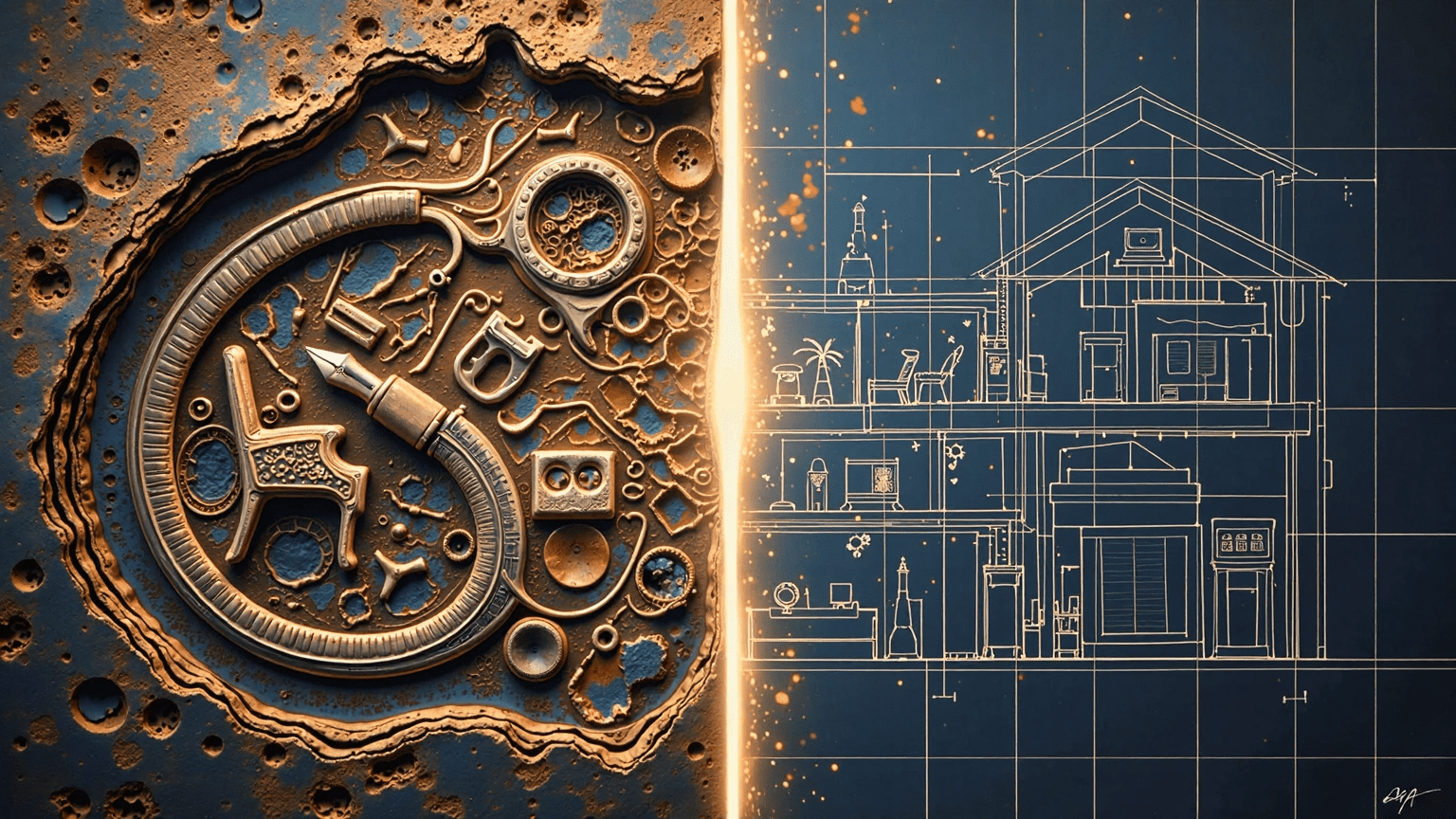 Split image showing weathered brass mechanical components and gears arranged in concentric, eroded layers on the left, and a white architectural cross-section blueprint of a multi-story house on a dark blue grid background on the right.