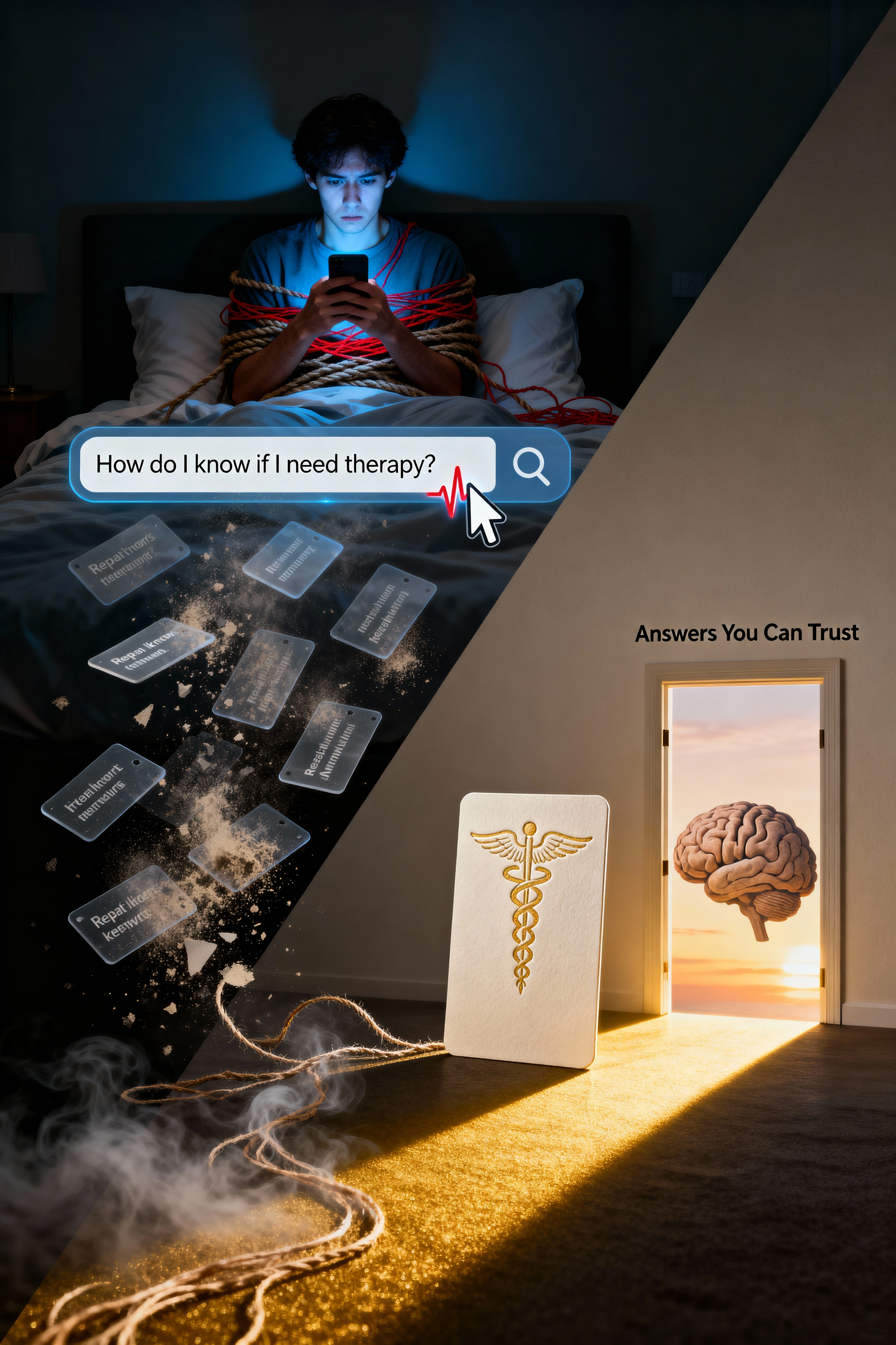 An illustration for blogs about mental health showing the difference between thin content and expert guidance. A person in a dark room anxiously searches for 'how to know if I need therapy' on their phone at 2 AM. The screen shows nine flimsy, generic blog posts crumbling into keyword dust, symbolizing untrustworthy content. In contrast, one authoritative blog post shines with a golden light, its radiance pushing back the darkness and calming the person's anxiety. This solid result leads to a brain-shaped doorway of dawn, representing the clarity and trust found in high-quality blogs about mental health written by experts.