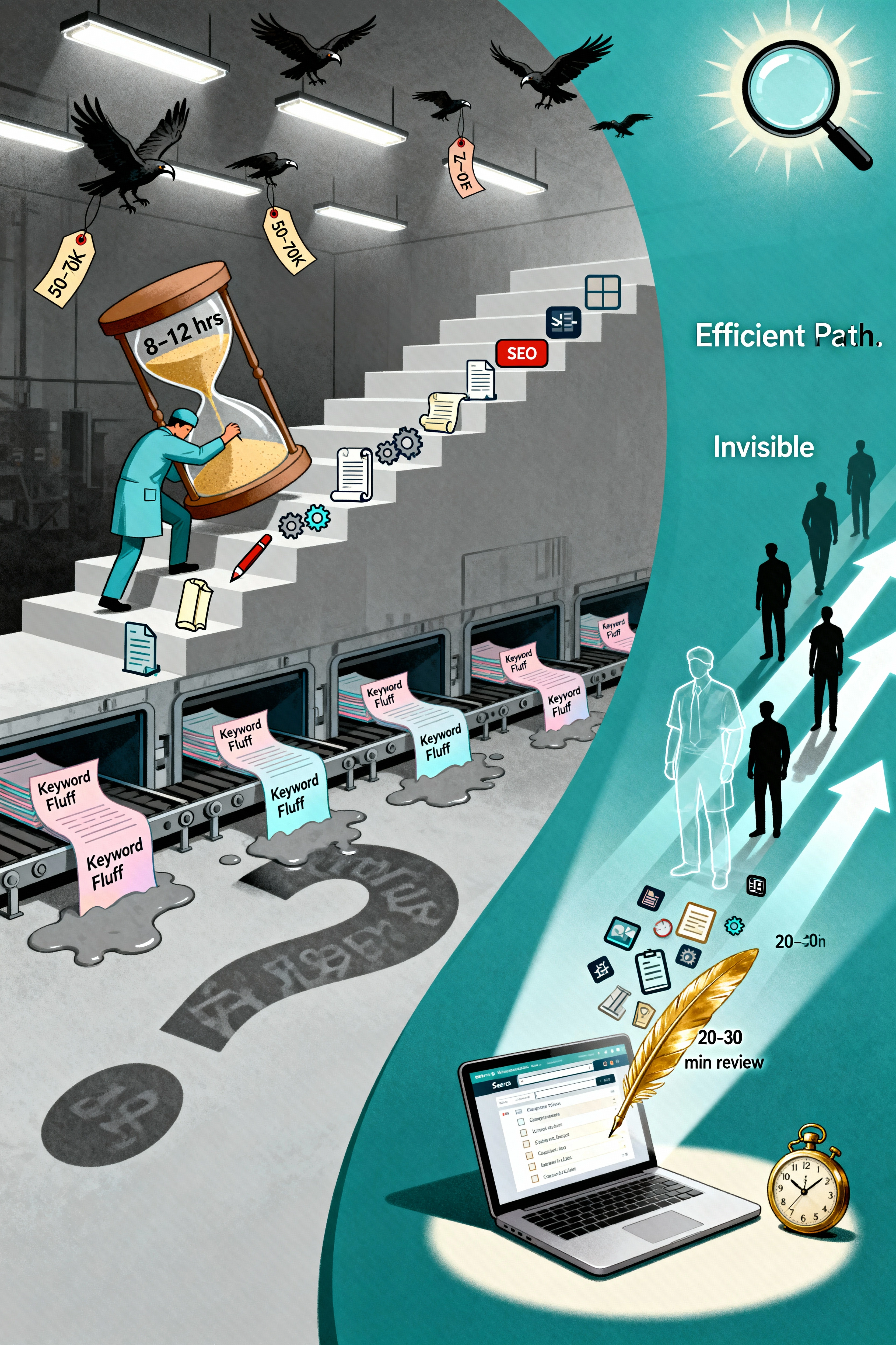 An illustration comparing the difficult, time-consuming process of DIY blog post creation for mental health professionals with the streamlined, efficient path provided by expert blog posts ghostwriting services. The result of the ghostwriting service is a polished, authoritative blog post, highlighting the value that mental health writers bring to the content creation process.