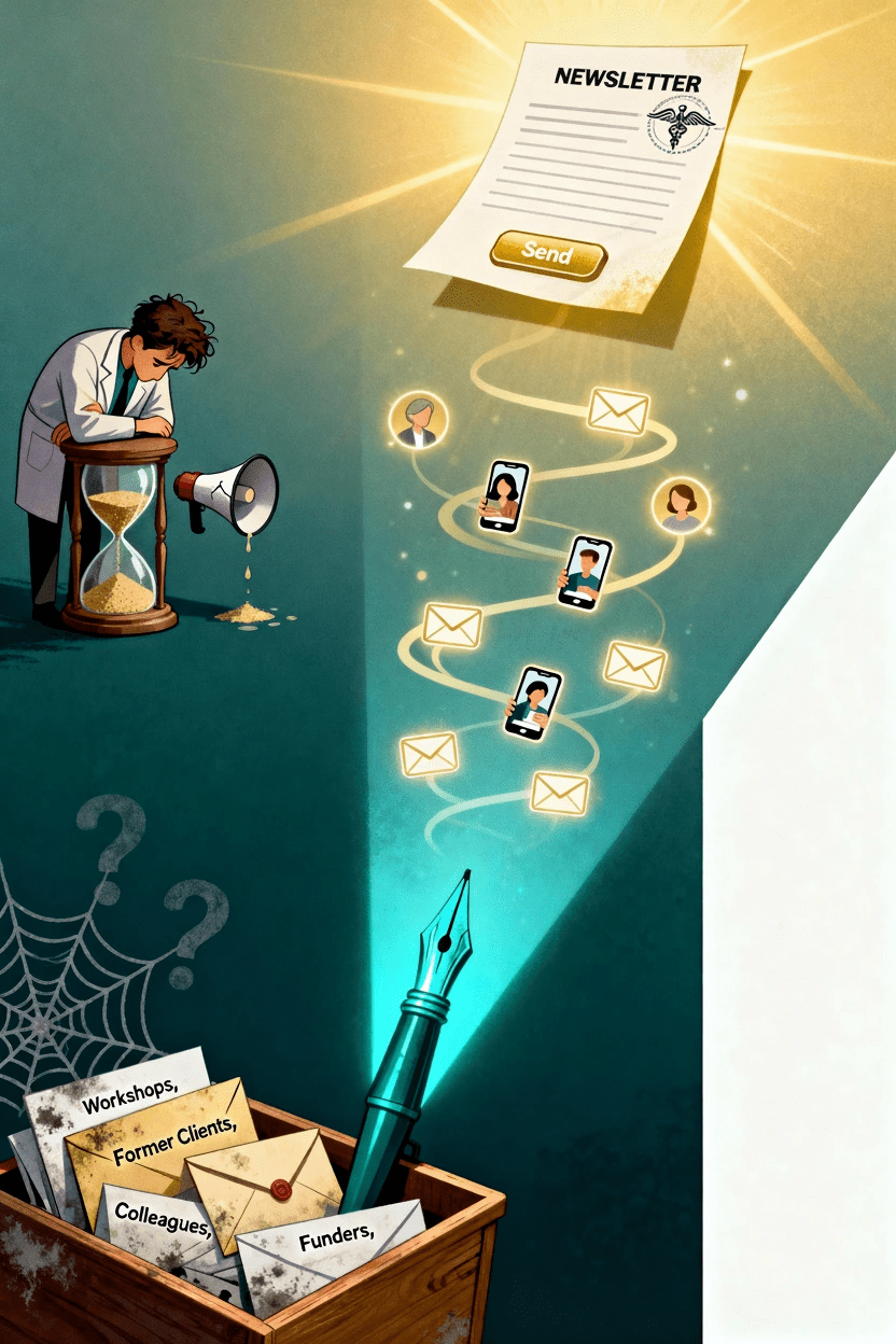 An illustration for the mental health writer, contrasting the struggle of DIY content with the efficiency of newsletter ghostwriting. The image shows a dusty, neglected inbox transforming into a streamlined flow of polished mental health newsletter articles, representing the power of a consistent newsletter on mental health to engage clients and build authority.