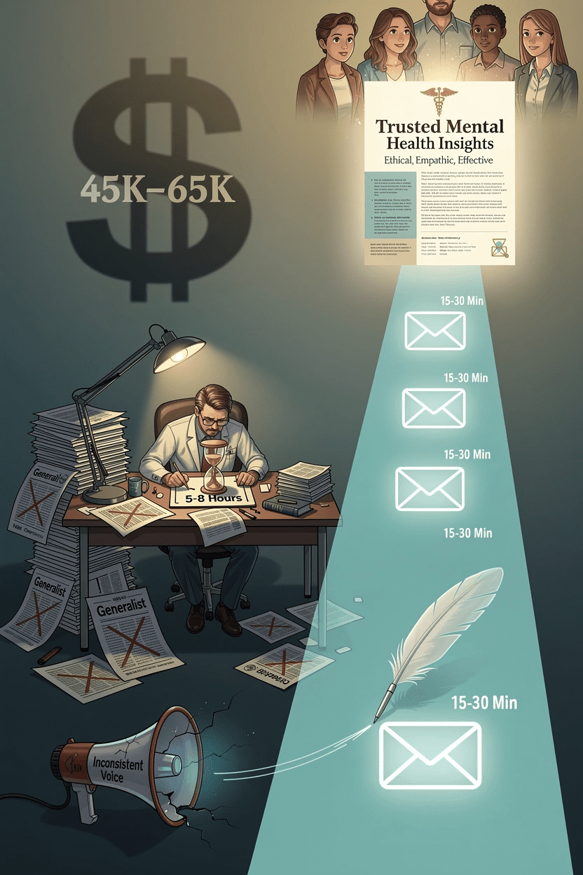 An illustration for the mental health writer, showing the contrast between the high costs and time spent on DIY content and the streamlined efficiency of newsletter ghostwriting. The image highlights the struggle of producing a newsletter on mental health against the simple path to creating professional mental health newsletter articles.