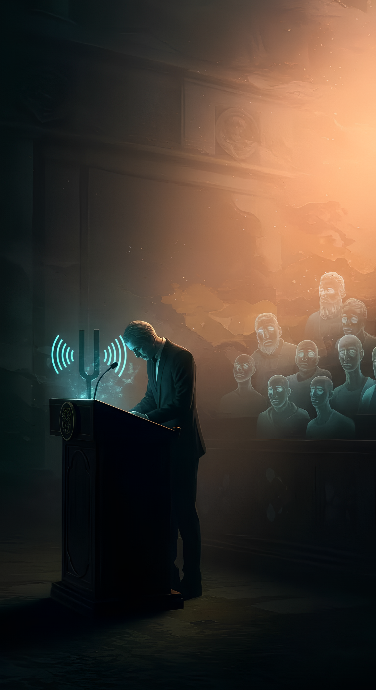 A powerful illustration of transformation for social ghostwriting: A dark, shadowy space with a silent podium symbolizing invisibility and overwhelm. A hunched figure behind it struggles to be heard. A glowing tuning fork strikes, sending vibrant sound waves rippling outward, illuminating the scene. The podium now shines, the figure stands tall with determination, radiating trust. A luminous audience emerges, connected and hopeful, as the background shifts from stormy gray to serene dawn glow, symbolizing clarity and renewal. The journey from isolation to impactful visibility unfolds, embodying authority and emotional resonance for mental health expertise.