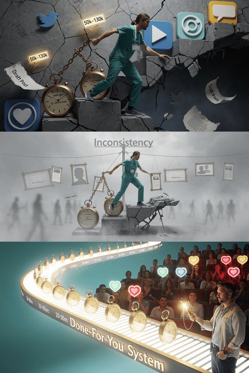 A striking vertical illustration for social ghostwriting, content writer, and mental health writer services: A weary clinician drags heavy clocks and price tags up a crumbling staircase of social media icons, symbolizing the burden of 15–20 hours weekly and<br />50<br />k<br />–<br />50k–130k yearly costs. Mid-frame, inconsistency looms as broken posts scatter and ghostly followers drift away. Below, a glowing conveyor marked with 30–60-minute intervals transforms clocks into golden stopwatches, the clinician into a confident guide, leading to an engaged audience holding heart-shaped likes. Background shifts from stormy gray to calming teal with a rising sun, embodying renewed time and trust. This visual captures the pain of DIY content struggles and the relief of a done-for-you system for mental health expertise.