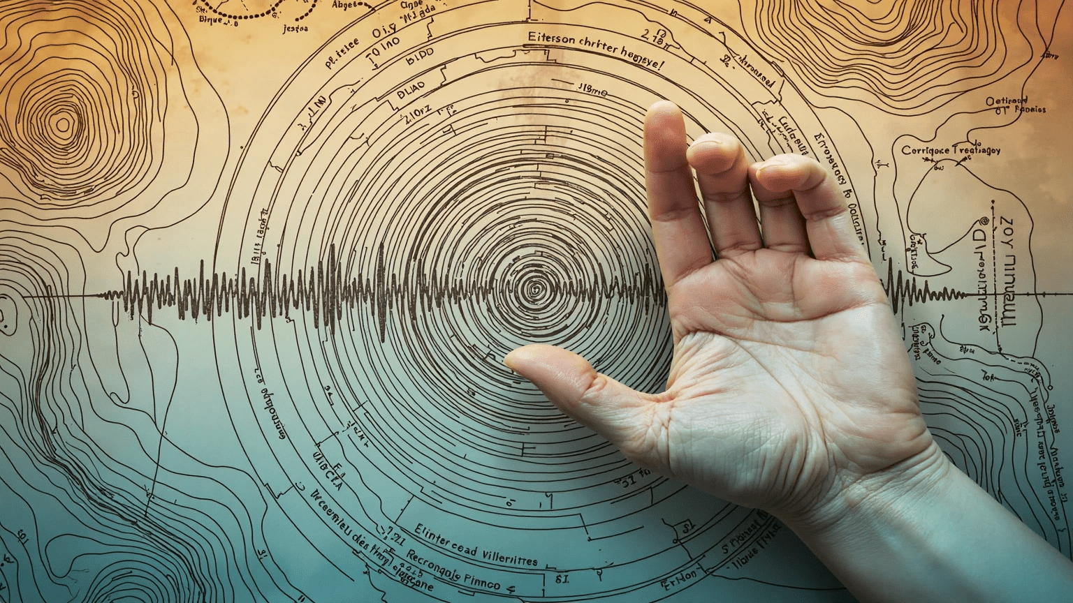 A close-up of a human hand held against concentric seismic-wave patterns overlaid on topographic contour lines with a warm-to-cool gradient background.