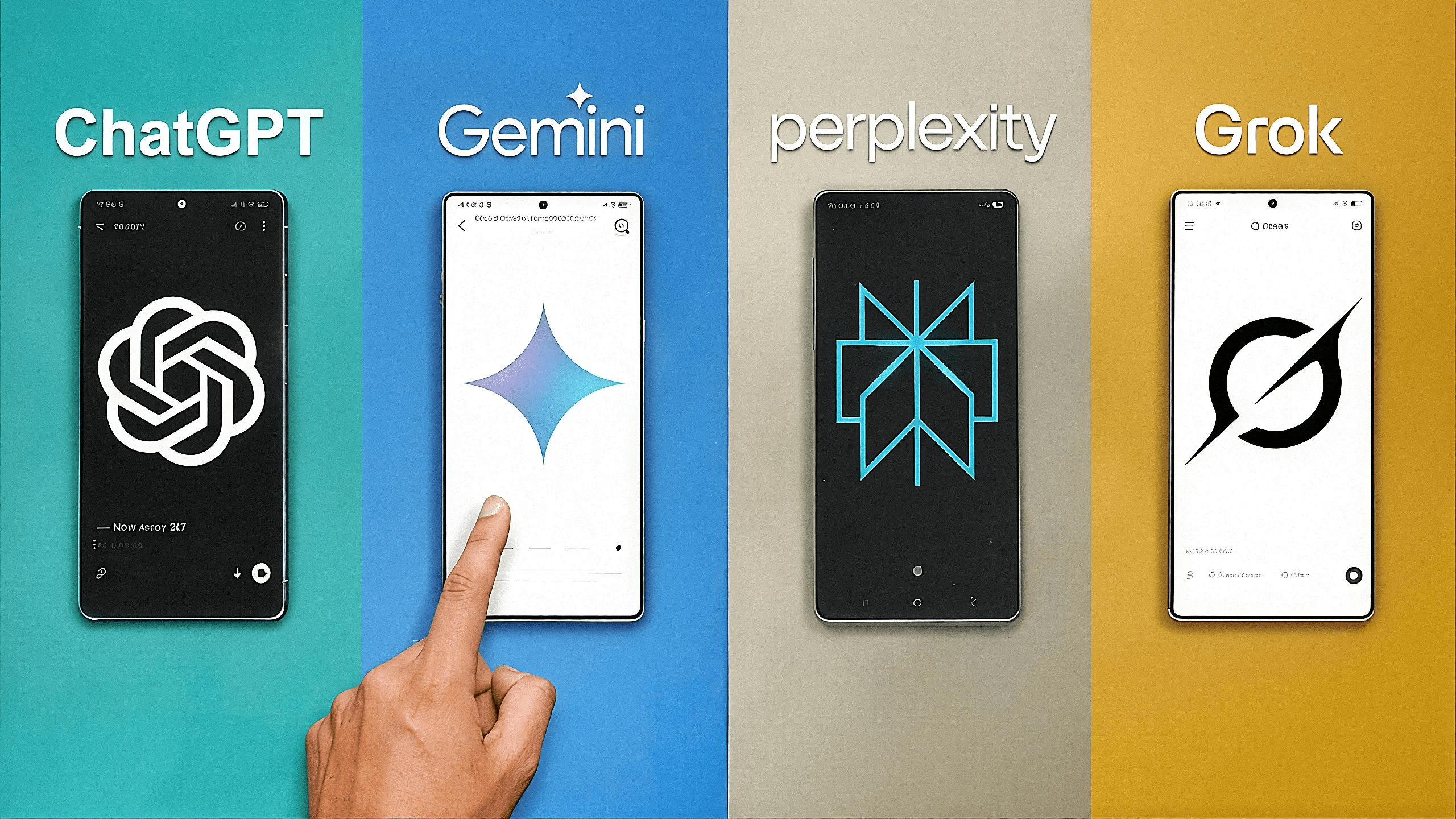ChatGPT, Gemini, perplexity and Grok logos on cellphone displays side-by-side