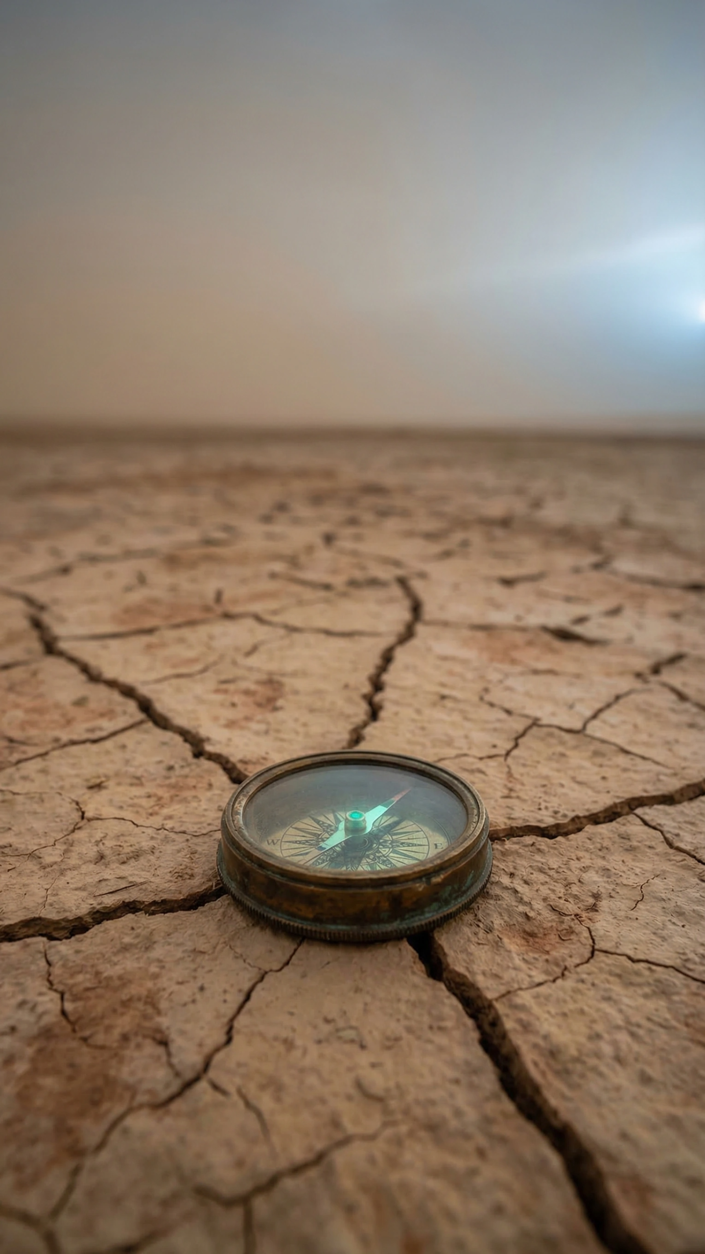 compass ai A weathered brass compass rests on cracked, sun-dried earth as cool dawn light breaks through amber haze in the upper corner. The terrain has shifted; the instrument still points forward.