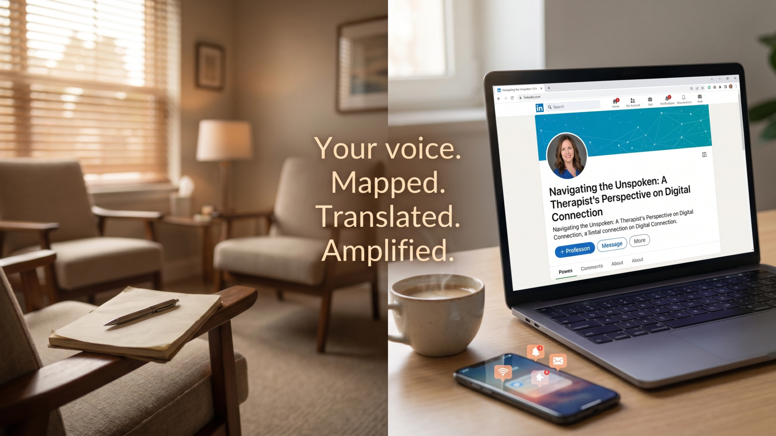 Split-composition hero image for Content Done Write, mental health ghostwriting service by Antonio Matta — therapy room with empty chairs on the left, a laptop displaying a published LinkedIn post on the right, representing clinical expertise translated into digital content through Voice Architecture ghostwriting for therapists