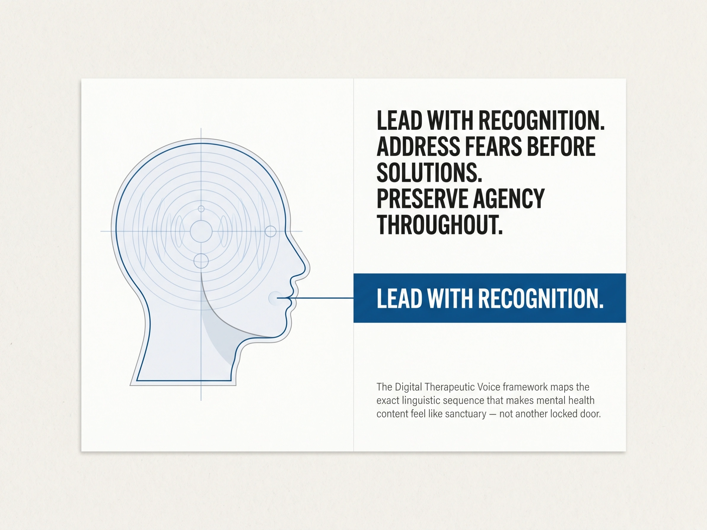 Two-column feature card illustrating the Digital Therapeutic Voice framework by Antonio Matta, mental health ghostwriter — schematic head profile with frequency mapping lines alongside the trust-sequencing principles: recognition before credentials, safety before outcomes, agency throughout, for therapist content strategy