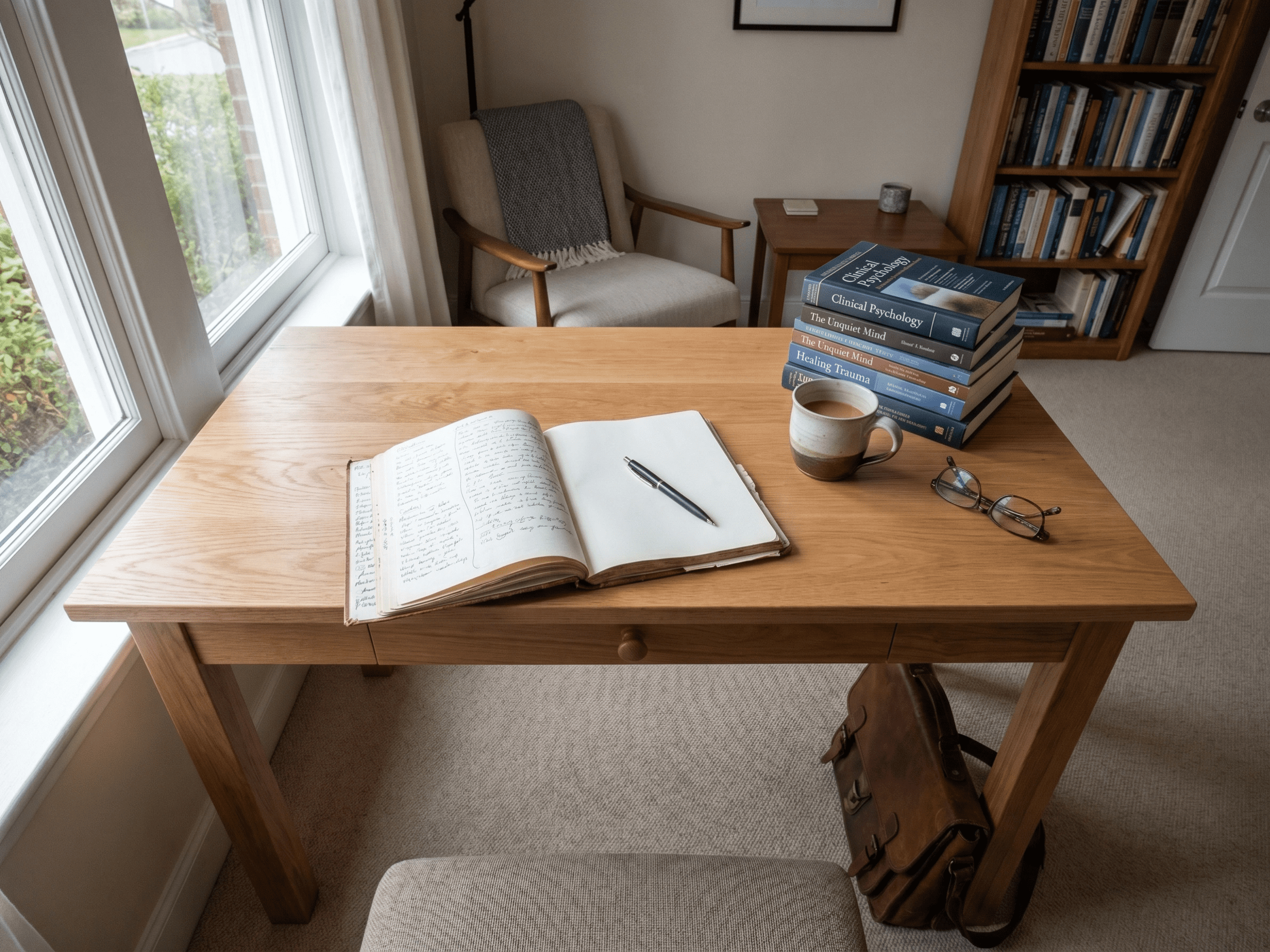 Wide-angle writing desk environmental image representing the clinical content translation process at Content Done Write — open notebook with handwritten notes, reference books, and soft window light conveying the craft of mental health ghostwriting and trauma-informed content writing for therapists and clinical directors
