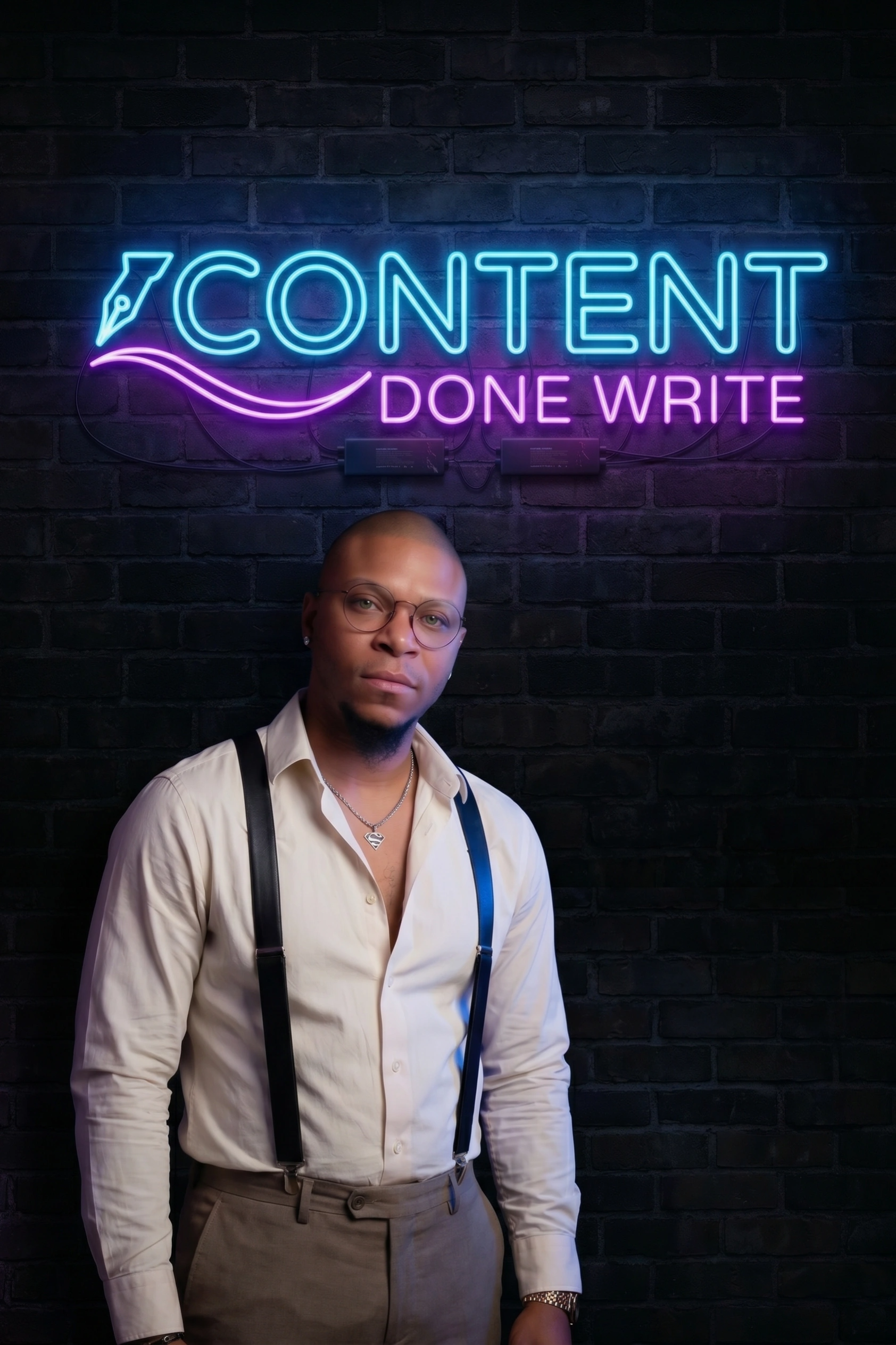 Antonio Matta, CPS-P, MCTAA, mental health ghostwriter and content creator standing in front of an LED "Content Done Write" sign lit up on a brick wall