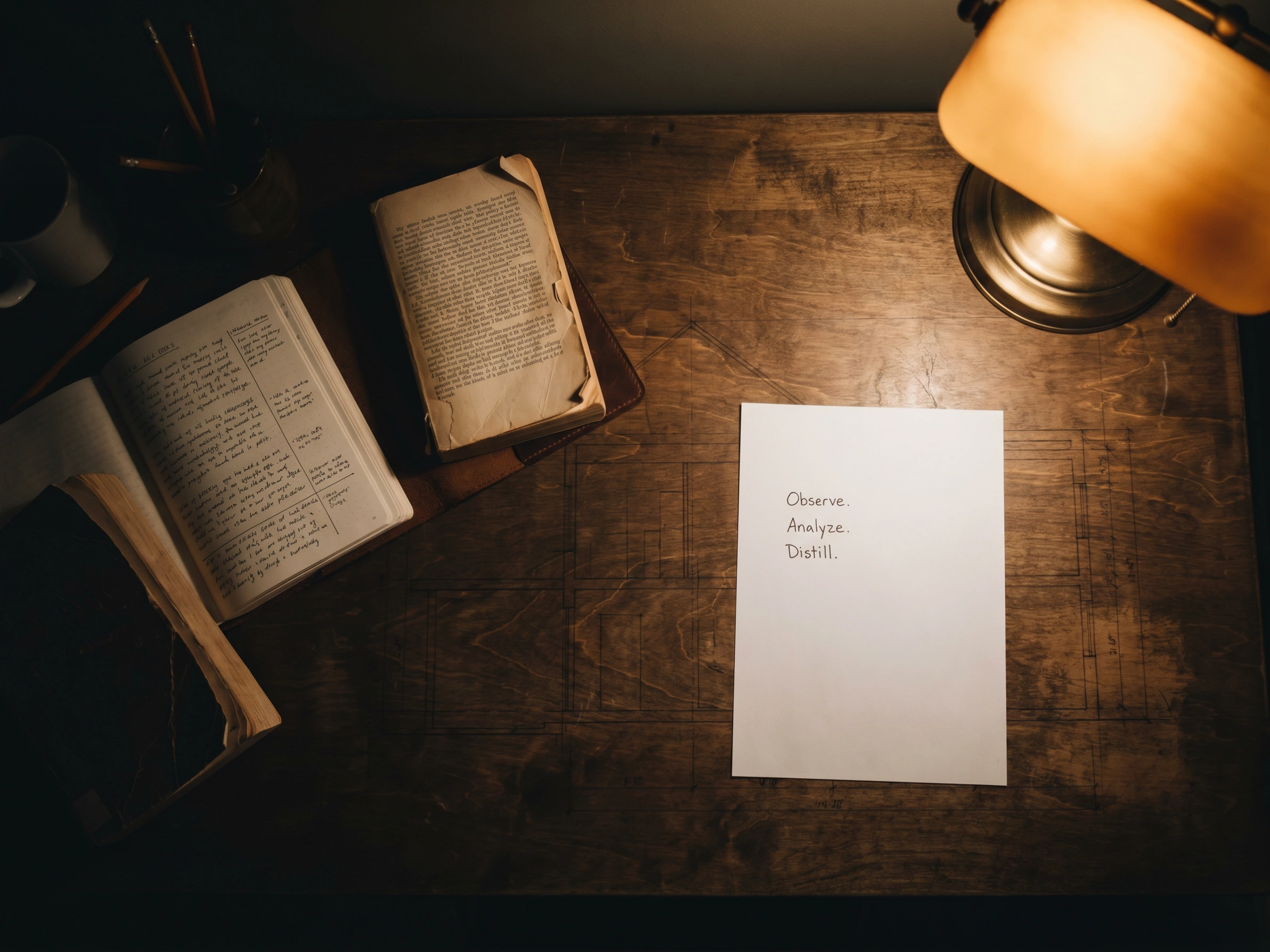 An open research journal, annotated paperback, and handwritten page under warm lamplight on a wooden desk — representing the translation practice behind Content Done Write's mental health content creation process, by Antonio Matta, mental health ghostwriter and content creator.