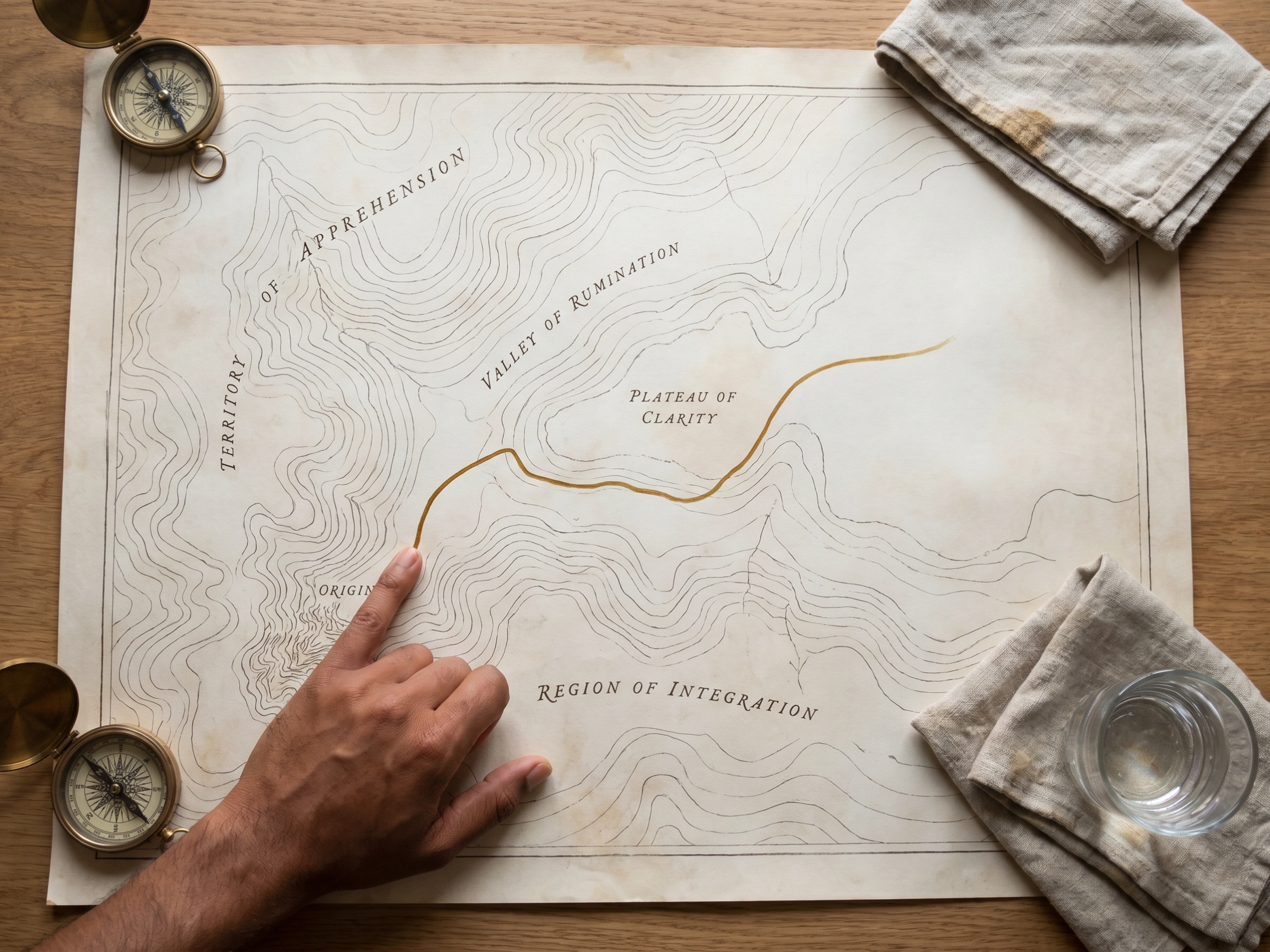 A hand resting on an open cartographer's map with a traced amber route through complex terrain — representing Content Done Write's deliberate, voice-led approach to mental health content strategy, by Antonio Matta, mental health ghostwriter and content creator.