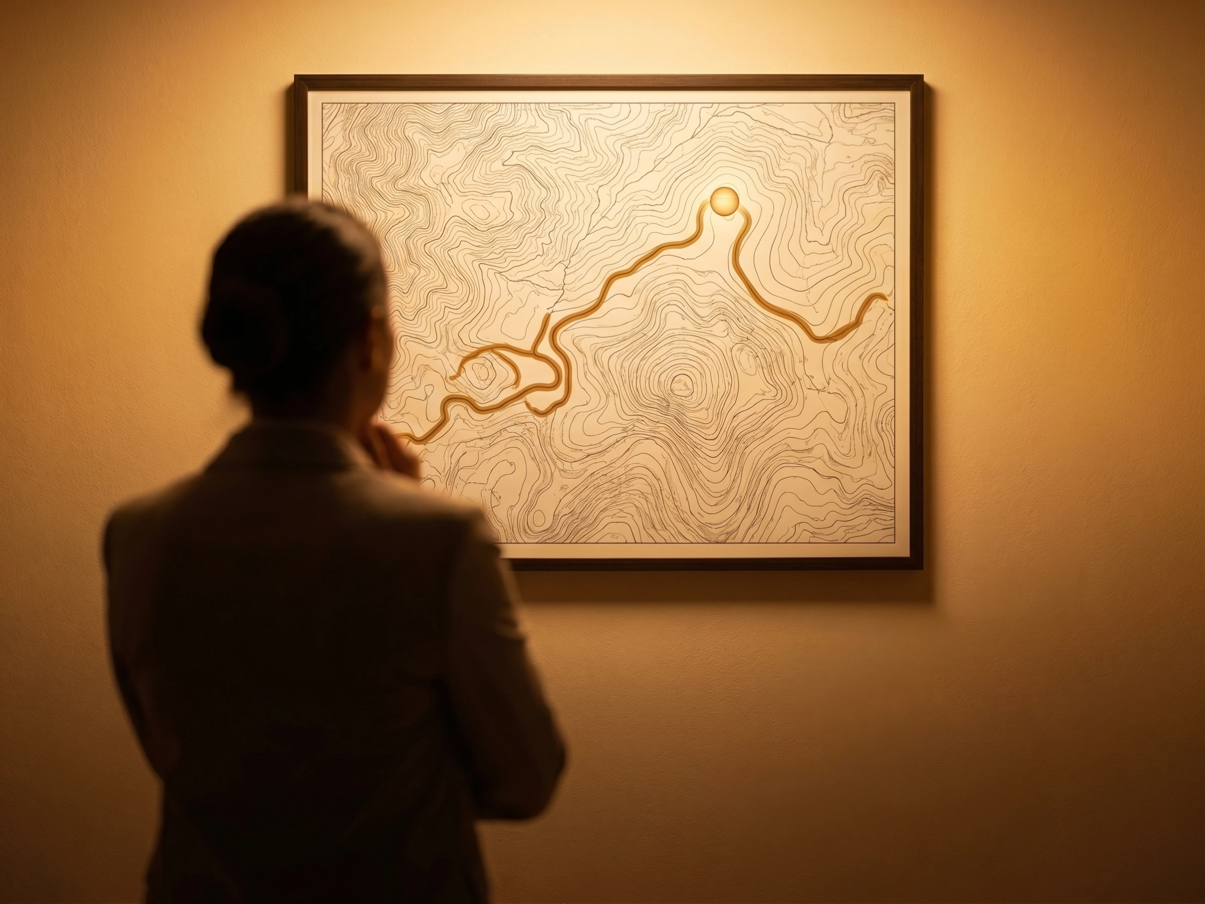 A figure standing before a fully completed cartographer's map mounted on a warm-lit wall — representing the moment a mental health professional recognizes their expertise finally reflected in their content, through the work of Antonio Matta, mental health ghostwriter and content creator.