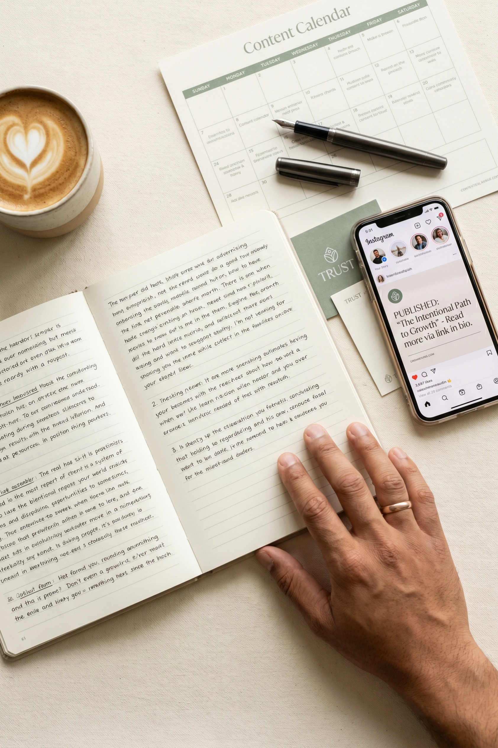 A wide, clean overhead flat-lay shot on a warm cream or soft white surface. Centered in the frame: an open notebook with clean, handwritten lines — not frantic notes, but deliberate, structured, confident writing already in progress. Beside it, a sleek phone screen faces up, showing a fully composed, published social post — screen just bright enough to read as "done." A single caramel-toned hand rests lightly at the edge of the notebook, relaxed — not writing, not stressed — present but unburdened. Small, intentional supporting elements surround: a clean content calendar partially visible, a capped pen resting nearby, and a warm cup of coffee slightly out of focus in the upper corner. Everything suggests a system already running. No chaos. No clutter. No urgency. The mood is calm authority — the feeling of someone whose content is handled. The palette: warm cream and soft ivory surface, deep charcoal notebook lines, amber tones from the coffee and hand, a subtle teal or sage accent from a corner detail to signal trust and ethical grounding.